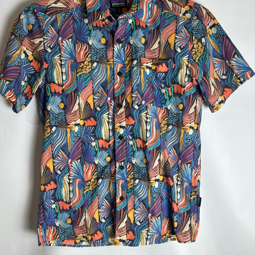 Patagonia Men’s Short-Sleeve Button-Down Shirt in Blue, Orange, Yellow, Purple